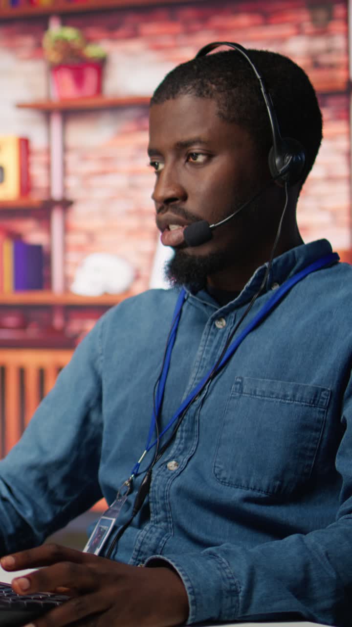 Vertical video Customer support worker has conversation with client in live chat