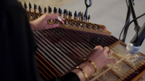 a woman playing on zither in the theatre high angle shot, close up