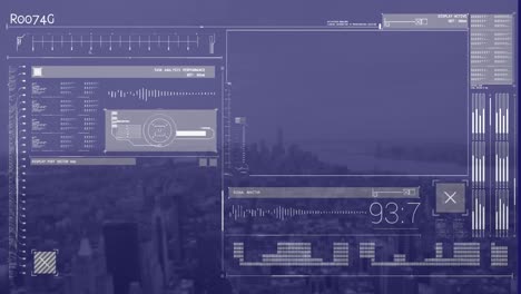 Animation-of-data-and-graphs-processing-on-navy-digital-screen-over-cityscape