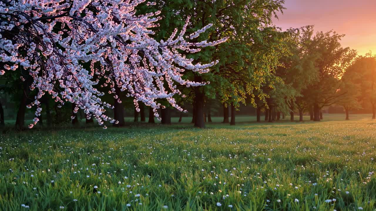 A serene landscape video captures a low-angle view of cherry blossoms at sunrise