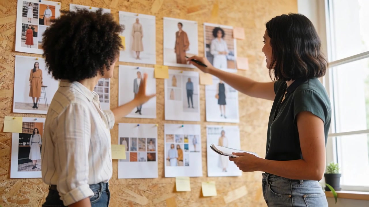 Pointing, left woman stripes guiding right woman green blouse noting pinboard with pen, planning