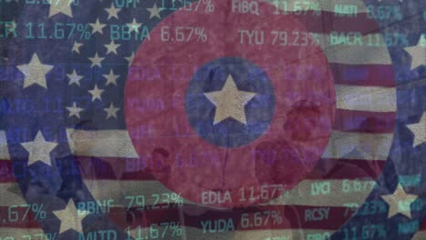 animación de círculos con estrellas sobre la bandera estadounidense y procesamiento de datos