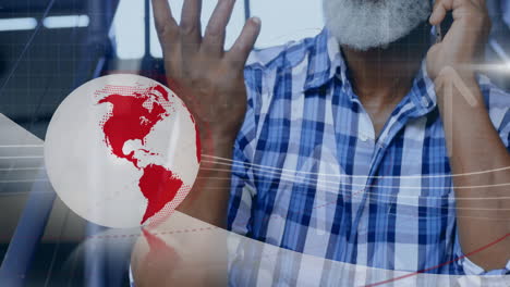 talking on phone, man with beard over global communication network animation