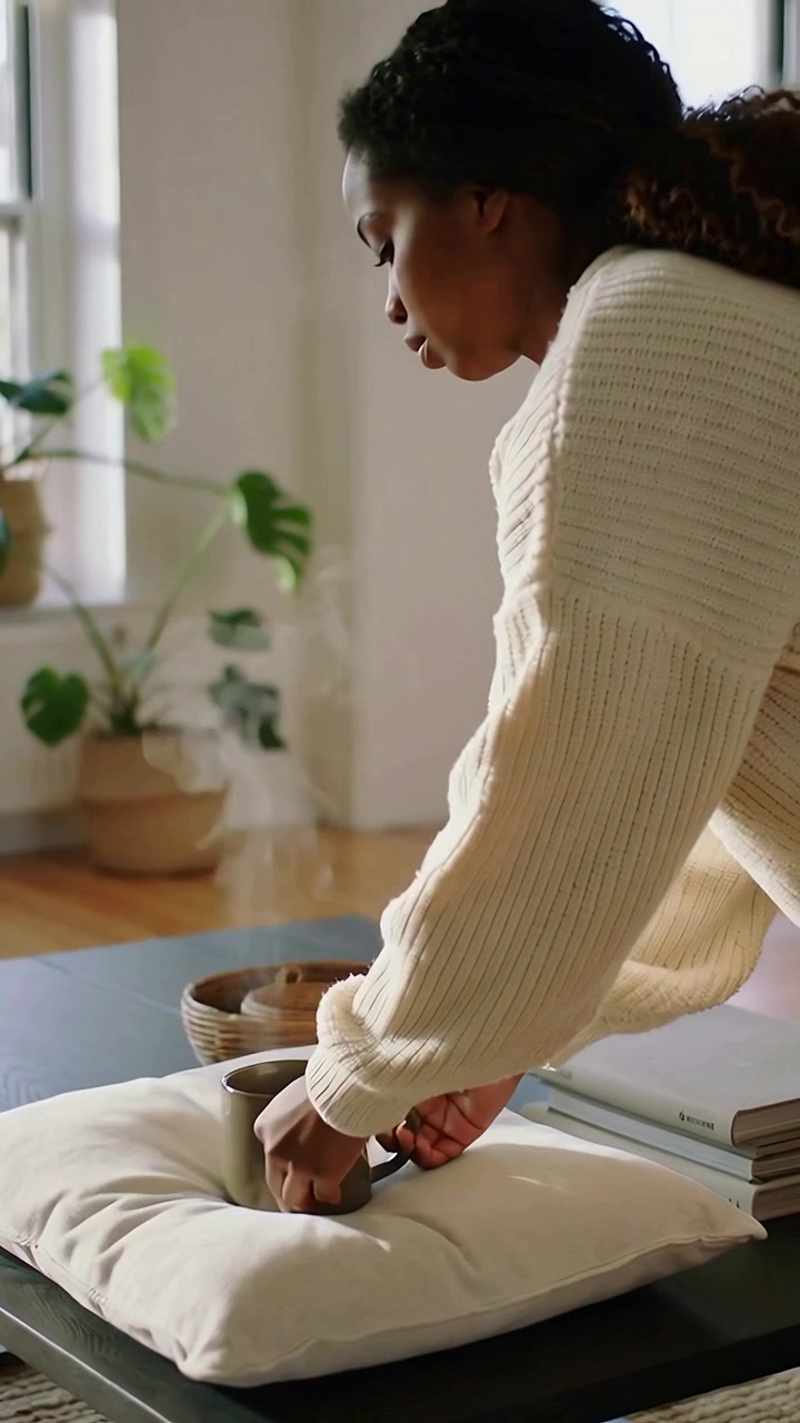 Video verticale: Donna in maglione che entra e posa una tazza calda su un cuscino a casa per riposare, con spazio per il testo