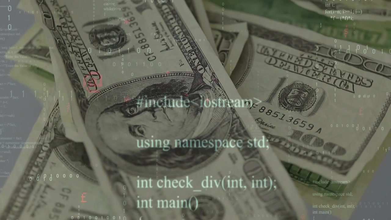 Camera panning over scattered 100-dollar bills, code overlay appearing and pulsing to show data