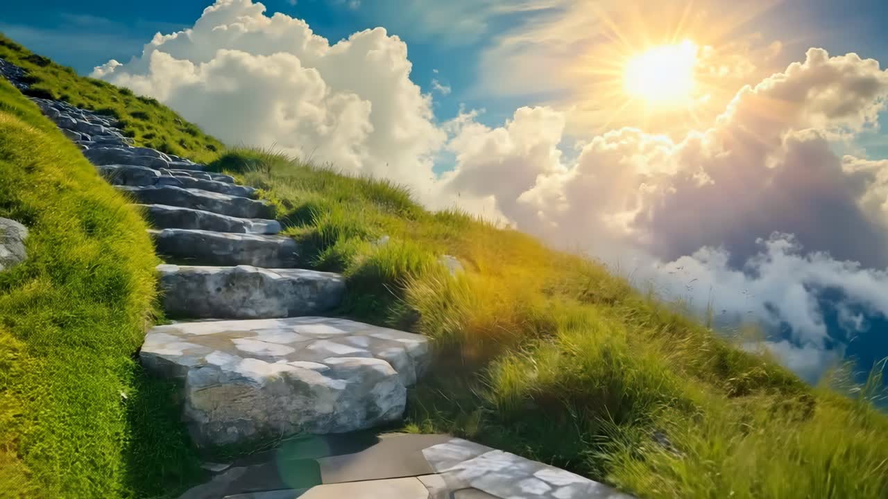 잔디로 인 언덕 꼭대기에 이르는 돌로 된 계단