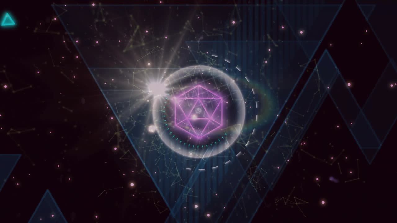 Fractal morphing into dodecahedron flare rising spawning sphere ring orbiting showing network