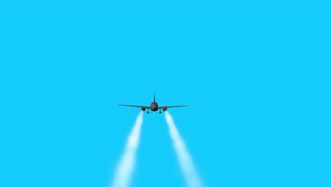 a flying 3d model of an airplane with working turbines, running lights and opening landing gear is planning on a blue background.