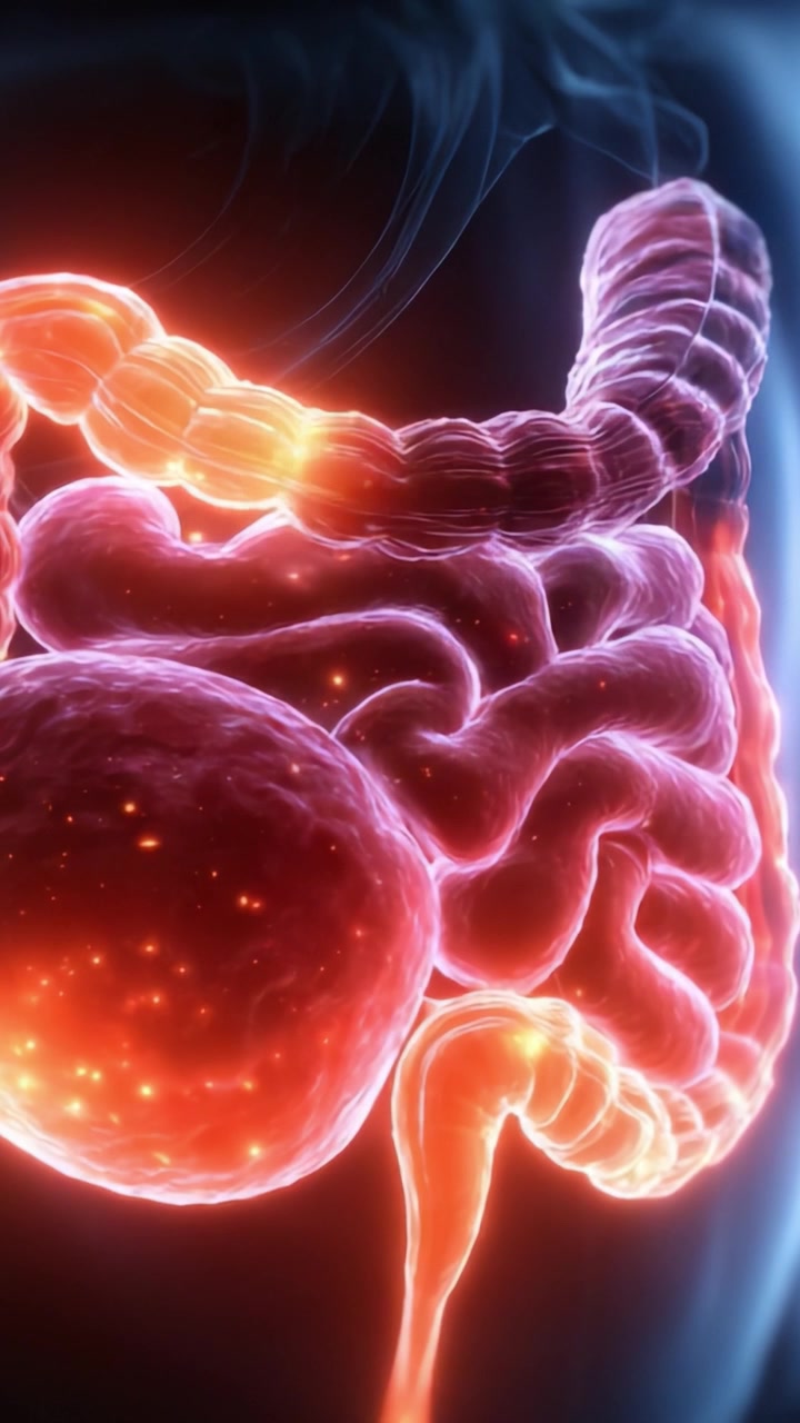 Una visualizzazione dettagliata del sistema digestivo umano, che mostra l'intestino e lo stomaco con colori vivaci e dettagli intricati.