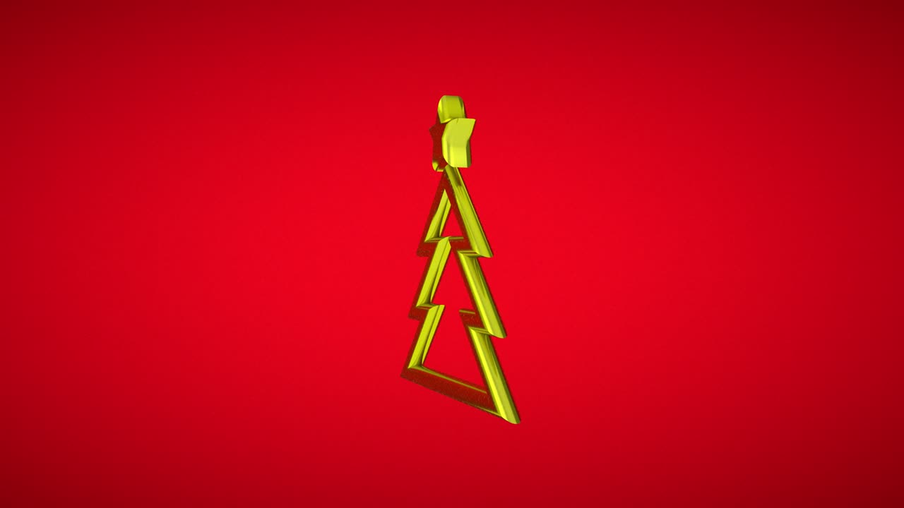 The symbol of New Year and Christmas on a red background. Gold glossy Christmas tree with metal star. 3D animation of rotation. Seamless loop, 4K animation