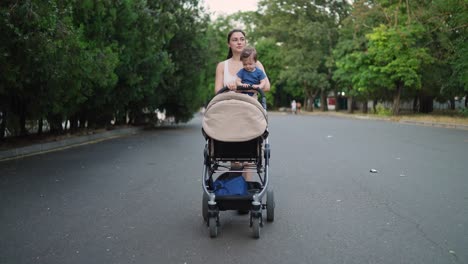 mother pushing baby stroller on street