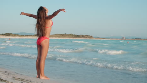 una chica hermosa descansando en la orilla del mar, una mujer joven disfrutando del amanecer en la playa.