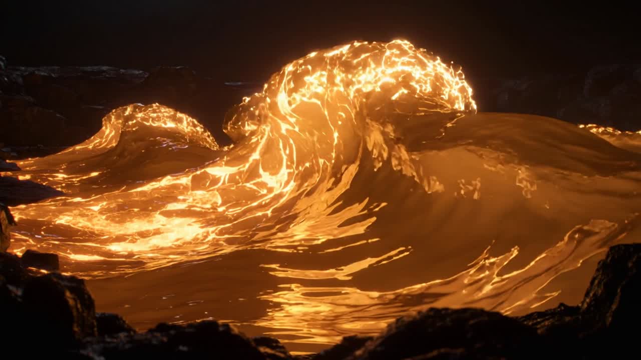 Magma ascendant provoquant des vagues de roche en fusion se formant et déferlant dans un bassin volcanique rocheux, avec des roches déchiquetées.