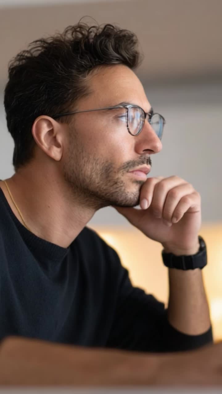 Contemplative Man Wearing Glasses Deep in Thought While Resting Chin on Hand in a Modern, Light-Filled Environment, Portraying Reflection and Focused Introspection