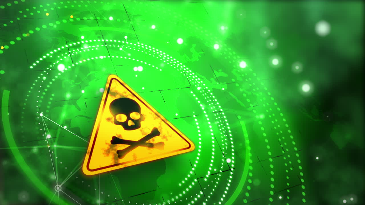 Animation warning triangular yellow sign with skull. Toxic environmental pollution. Abstract looped green background. Geometric figures of points and lines.