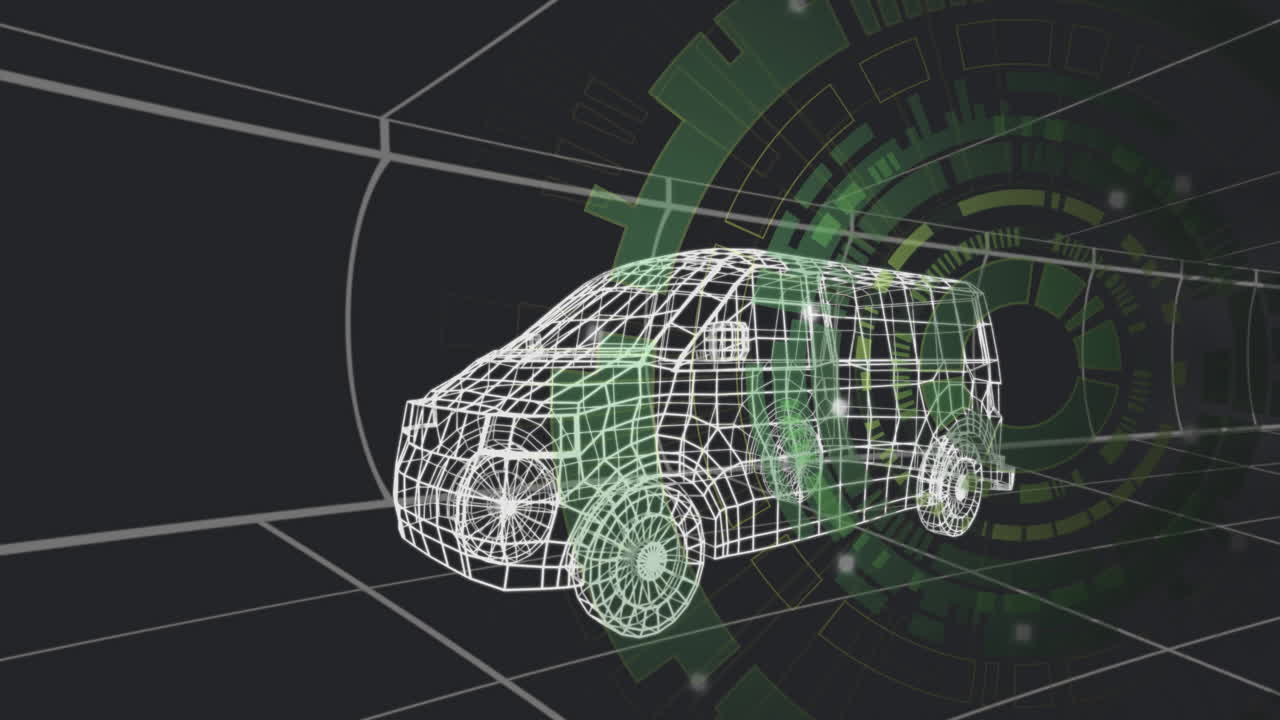 3D wireframe SUV model rotating over grid floor in dark virtual space, showing green HUD overlays