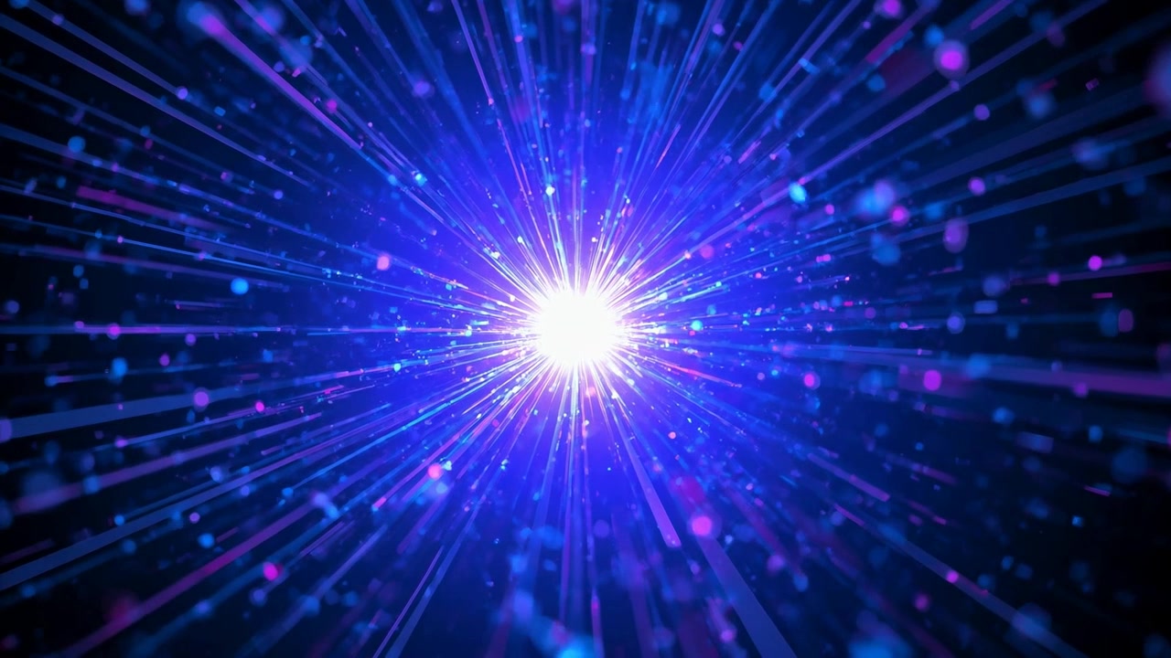 Brightening central luminous core sending radial beams across dark field, with blue magenta specks