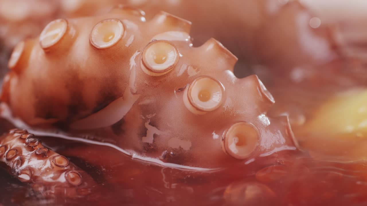 Octopus cooking, chef Boiling fresh octopus on restaurant kitchen, healthy food, seafood cafe in spain, traditional asian japanese spanish and mediterranean dish.