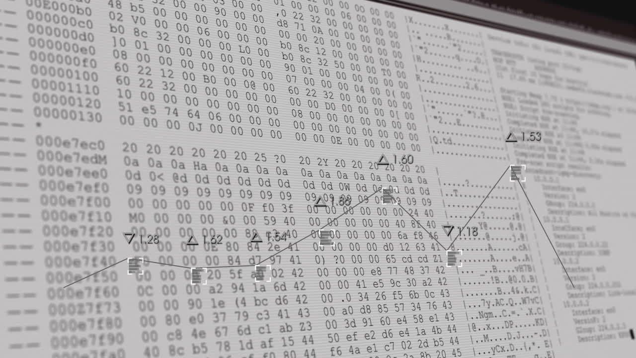 Financial analysis on computer screen with binary code and data chart animation