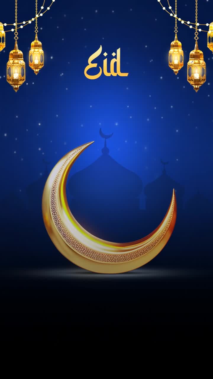 Animazione storia di auguri Eid Mubarak con lanterne a mezzaluna e moschee su sfondo sfumato blu scuro
