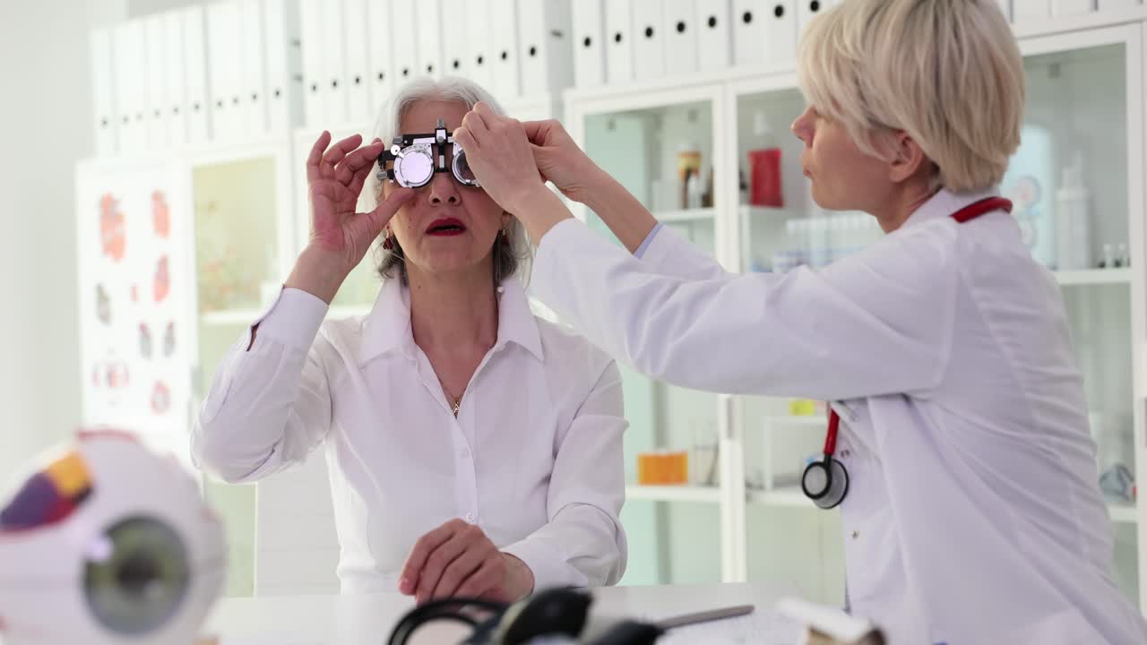 Elderly Woman Undergoing Eye Exam with Optometrist