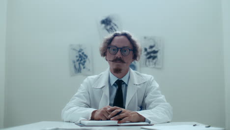 portrait of doctor sitting at desk in psychiatric hospital ward