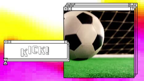 Animation-of-kick-in-white-text-in-stacked-window,-with-football-on-pitch,-on-yellow-and-pink