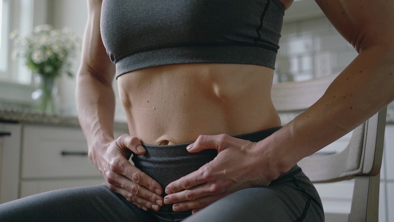 Pressing hands, seated woman contracting lower abdomen to check core in kitchen, wearing sports bra