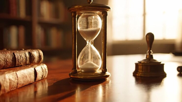 A Beautiful Hourglass Capturing Time's Flow with Soft Ambient Light, Highlighting the Elegance of Sand Passing Through the Glass Chambers and Books Behind