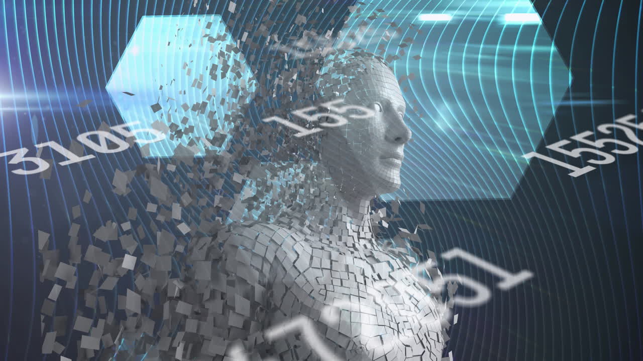 Multiple changing numbers and male human body model against hexagonal shapes on blue background