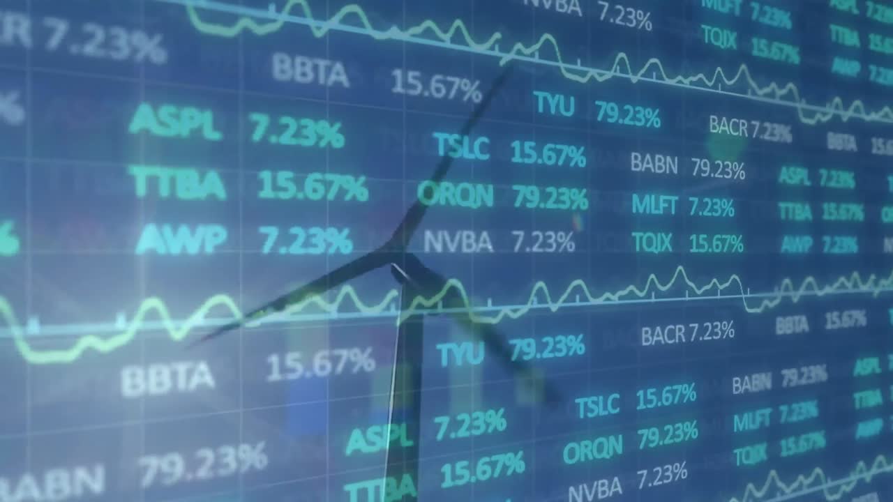 animación del procesamiento de datos financieros a través de la turbina eólica