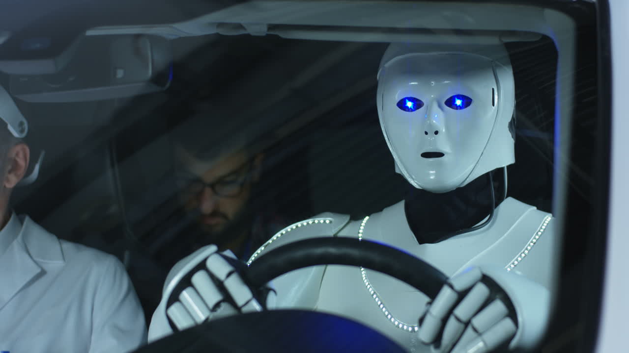 um robô a conduzir um carro com um cientista.