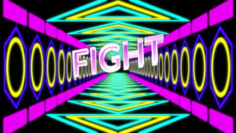 fight text animation over neon geometric tunnel background