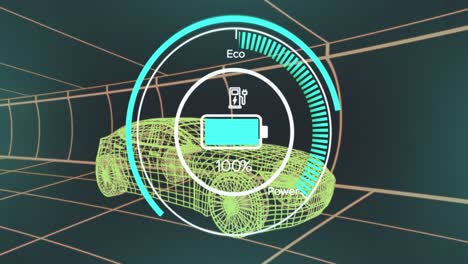 animation of battery level over electric car project on navy background