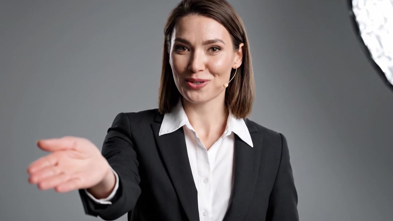 Una donna professionista sicura di sé interagisce con la telecamera in un elegante tailleur su uno sfondo minimalista, trasmettendo autorità e accessibilità.