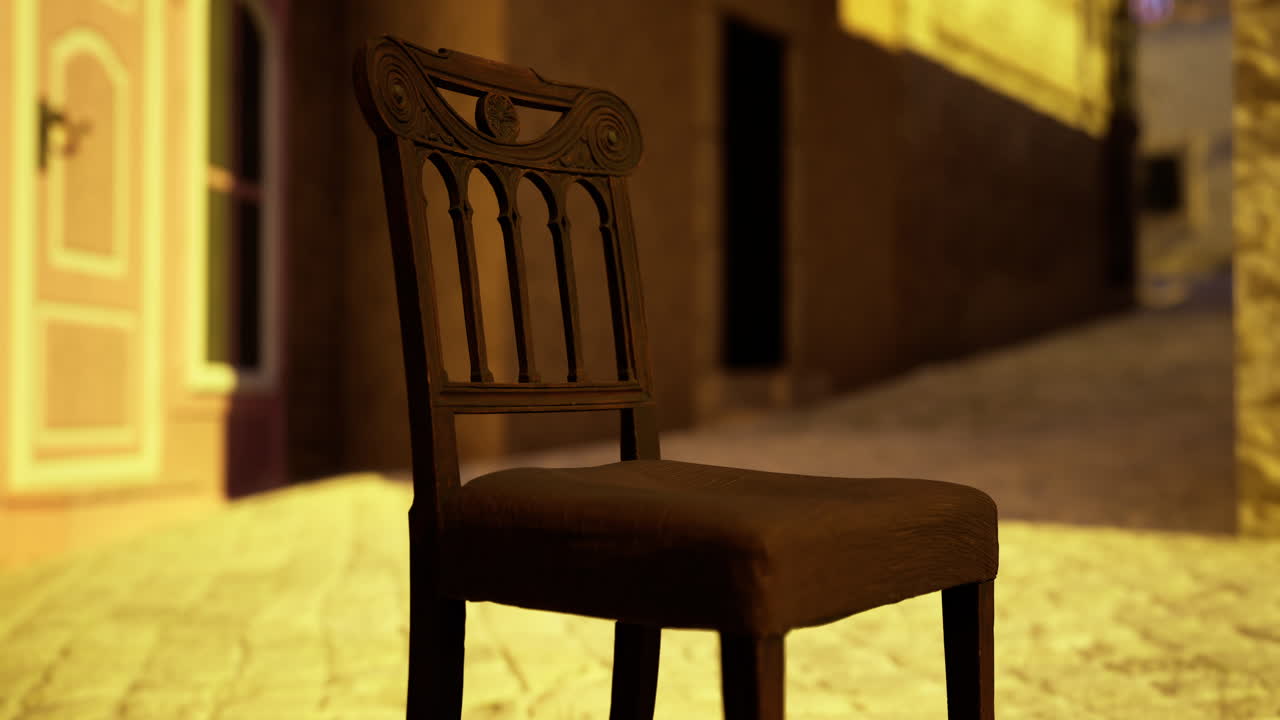 Wooden chair placed in a narrow alley during golden hour light