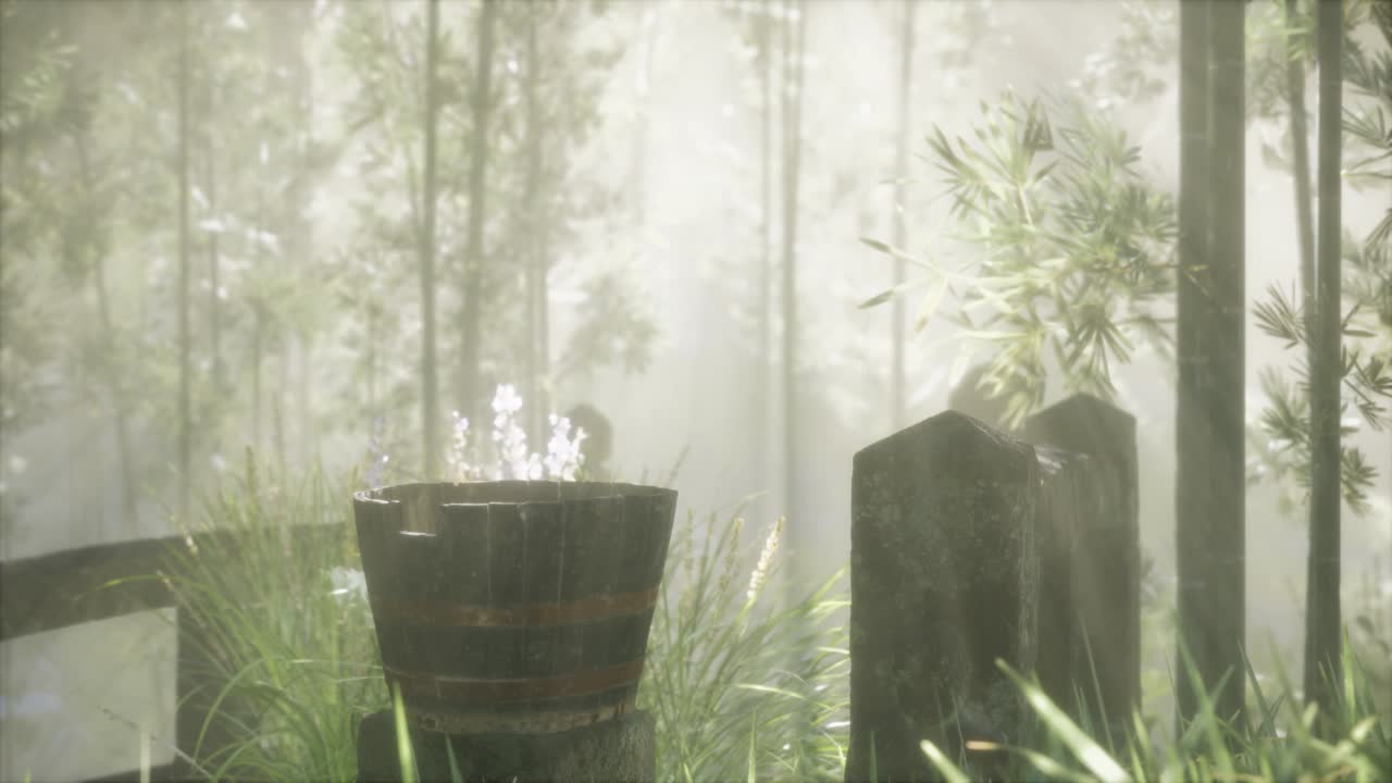 일본 대나무 숲 과 녹색 초원 잔디 와 자연 빛