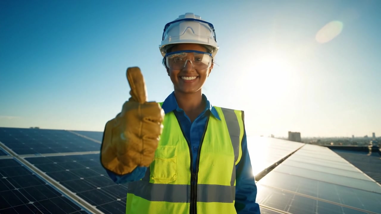 Un tecnico solare dedicato che lavora su pannelli solari sotto un cielo luminoso, mostrando soluzioni di energia rinnovabile e tecnologie sostenibili per un futuro più verde