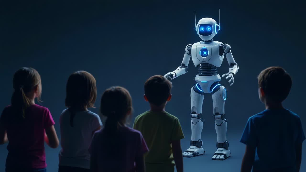 A group of captivated children stands in awe as a friendly and advanced robot engages them with its glowing lights and interactive capabilities, showcasing the future of technology and education