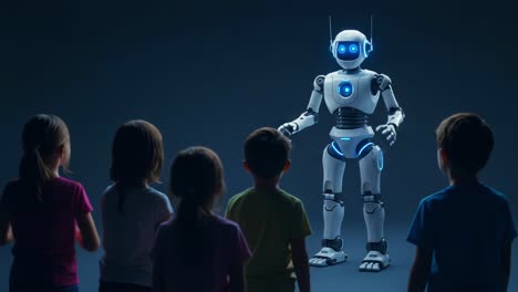 a group of captivated children stands in awe as a friendly and advanced robot engages them with its glowing lights and interactive capabilities, showcasing the future of technology and education