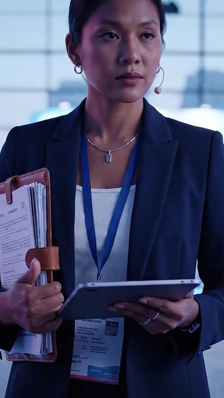 Professional Woman Engaged in Work at a Conference, Holding Documents and Using a Tablet While Wearing a Microphone Headset in Modern Office Environment