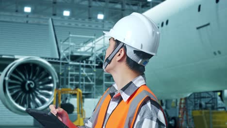 vista lateral de cerca de un ingeniero masculino asiático con casco de seguridad de pie con la aeronave en el hangar. tomando nota en la tableta y mirando a su alrededor mientras el mantenimiento de la aeronave