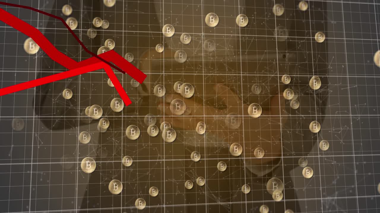 디지털 태블릿을 사용하는 사업가에 대한 비트코인과 그리드 라인을 이동하는 빨간 그래프