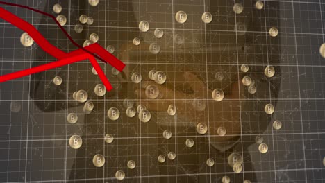 gráficos rojos que se mueven sobre bitcoins y líneas de cuadrícula contra el empresario que usa tableta digital