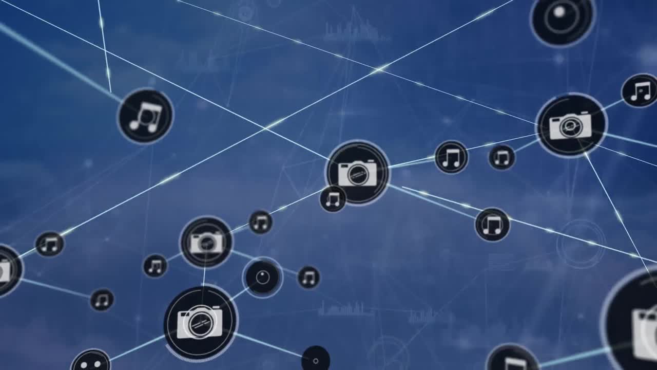 디지털 아이콘으로 연결된 회로판 네트워크의 애니메이션