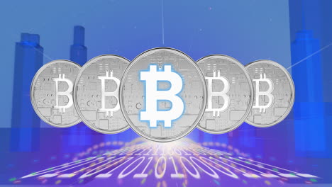 silver bitcoins over binary coding data processing against cityscape