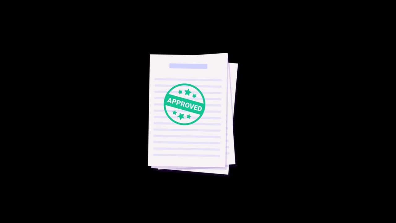 Documents animation ALPHA channel. Approved stamp on documents. contract, agreement, loan, credit paper. Job application. 2d flat design, animated stock video. motion graphics, transparent background