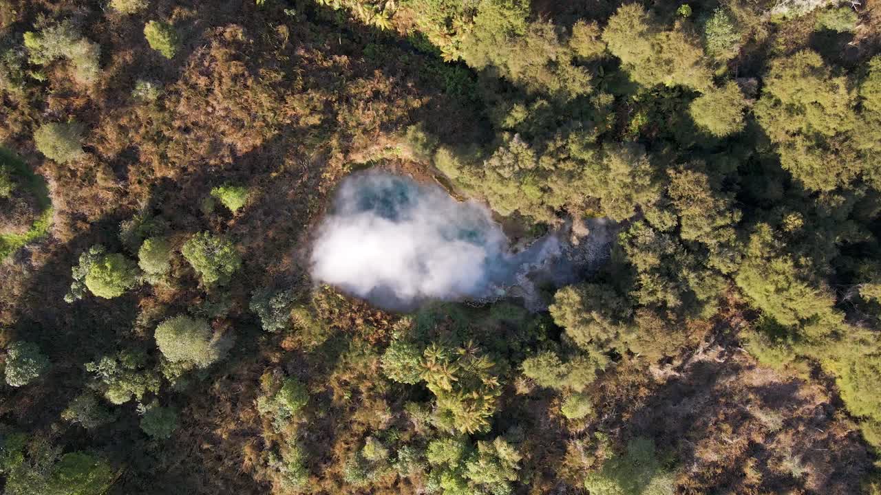 Filmato aereo dall'alto di una sorgente termale blu fumante all'interno di una fitta foresta al tramonto