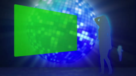 four screens in chroma key against a disco ball