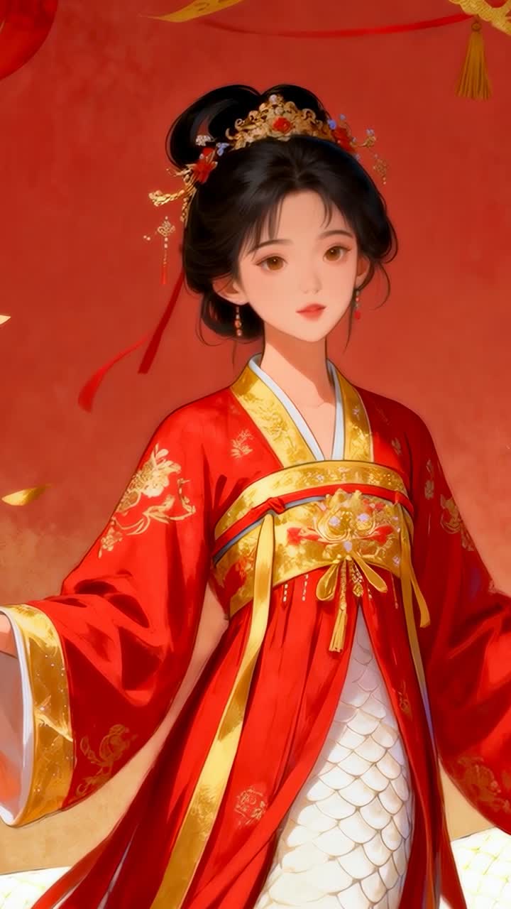 Video verticale: donna stilizzata che si piega al vento e inclina la testa, mostrando un hanfu rosso su un palco rosso